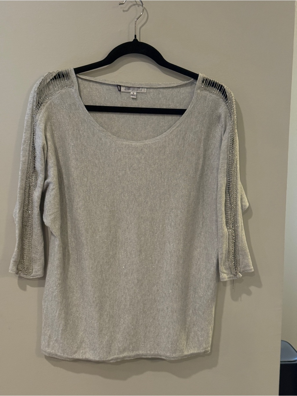 Jennifer Lopez Silver Open-Shoulder Metallic Knit Top